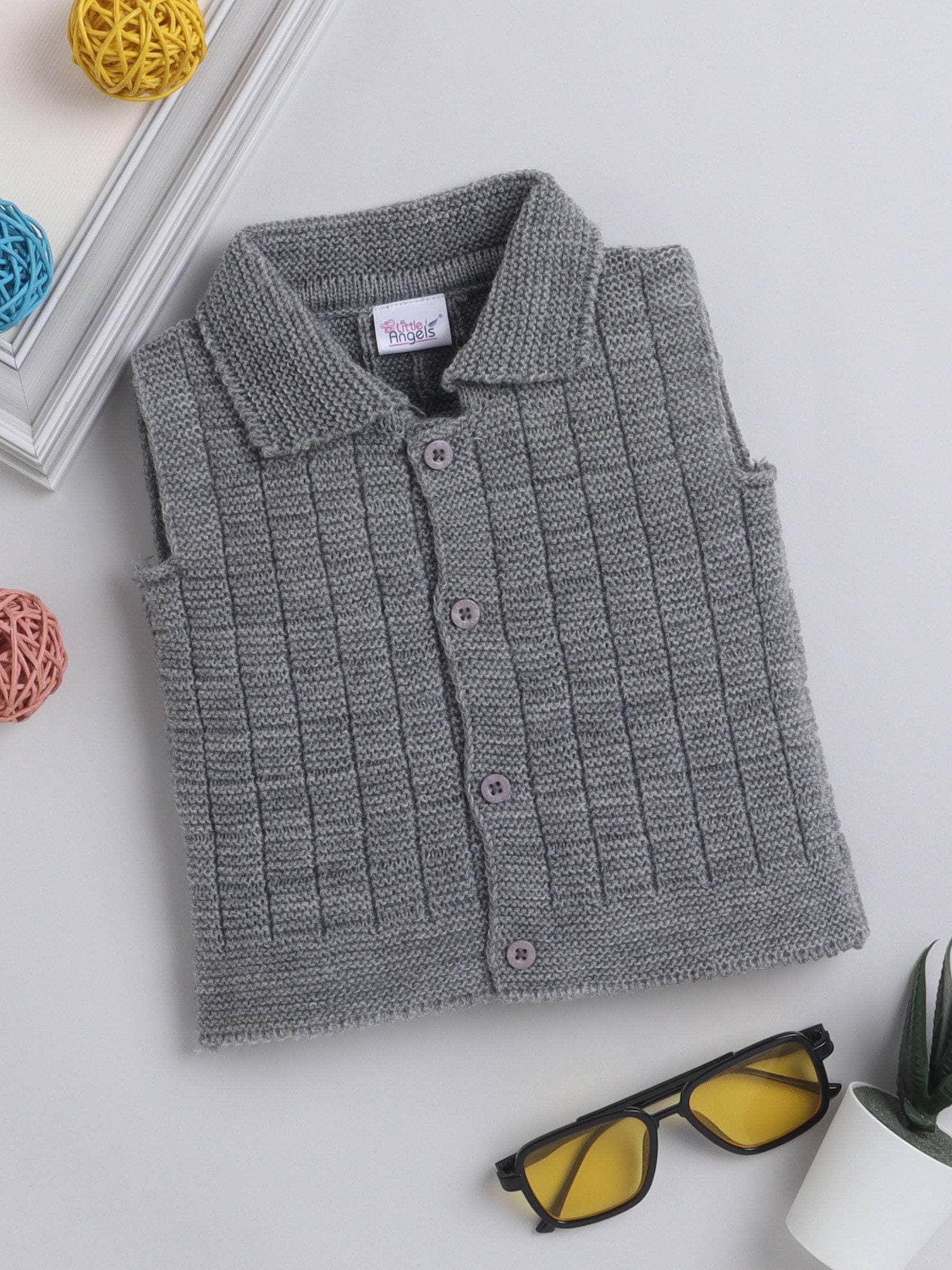 Little Angels Little Angels Baby Wool Collared Neck Checkered Sleeveless Cardigan For Baby Boys and Girls Sleeveless/vests Warm Whiskers Button-Up Vest 0-3M / Grey / Baby Wool