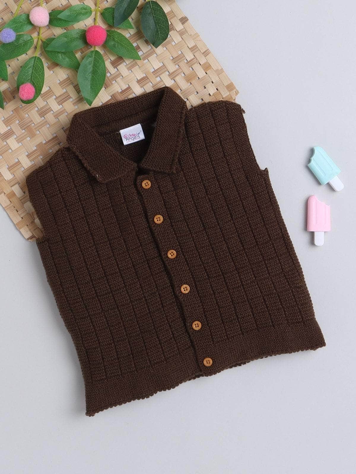 Little Angels Little Angels Baby Wool Collared Neck Checkered Sleeveless Cardigan For Baby Boys and Girls Sleeveless/vests Warm Whiskers Button-Up Vest