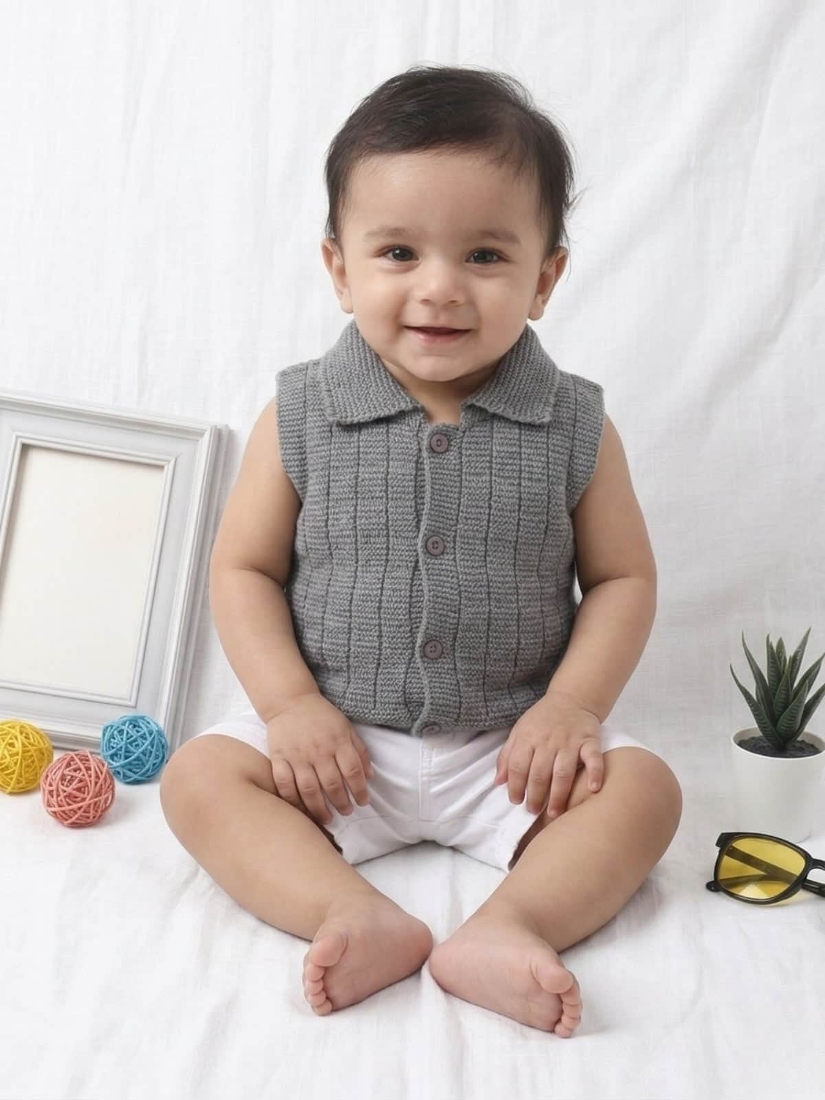 Grey checkered woollen sleeveless vest for newborn 0-12 months by Little Angels