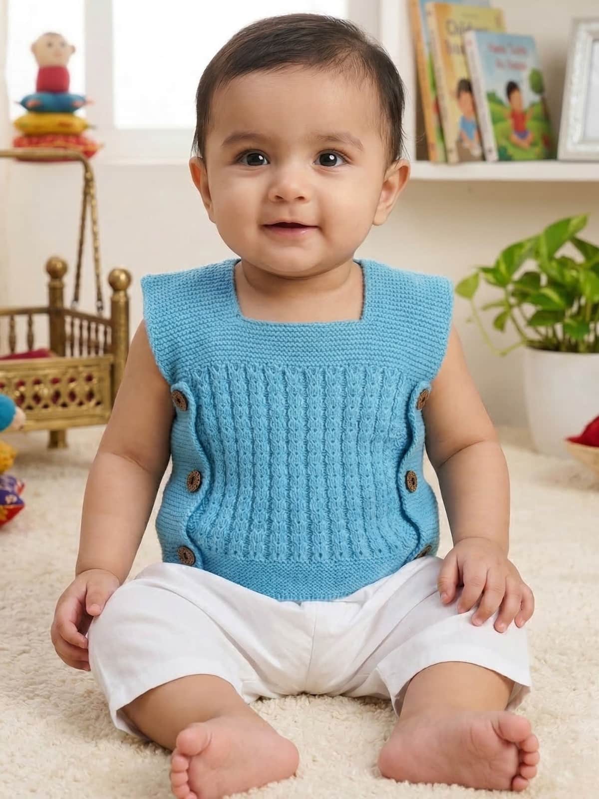 Blue lace rib knit woollen sleeveless vest for newborn 0-3 months by Little Angels