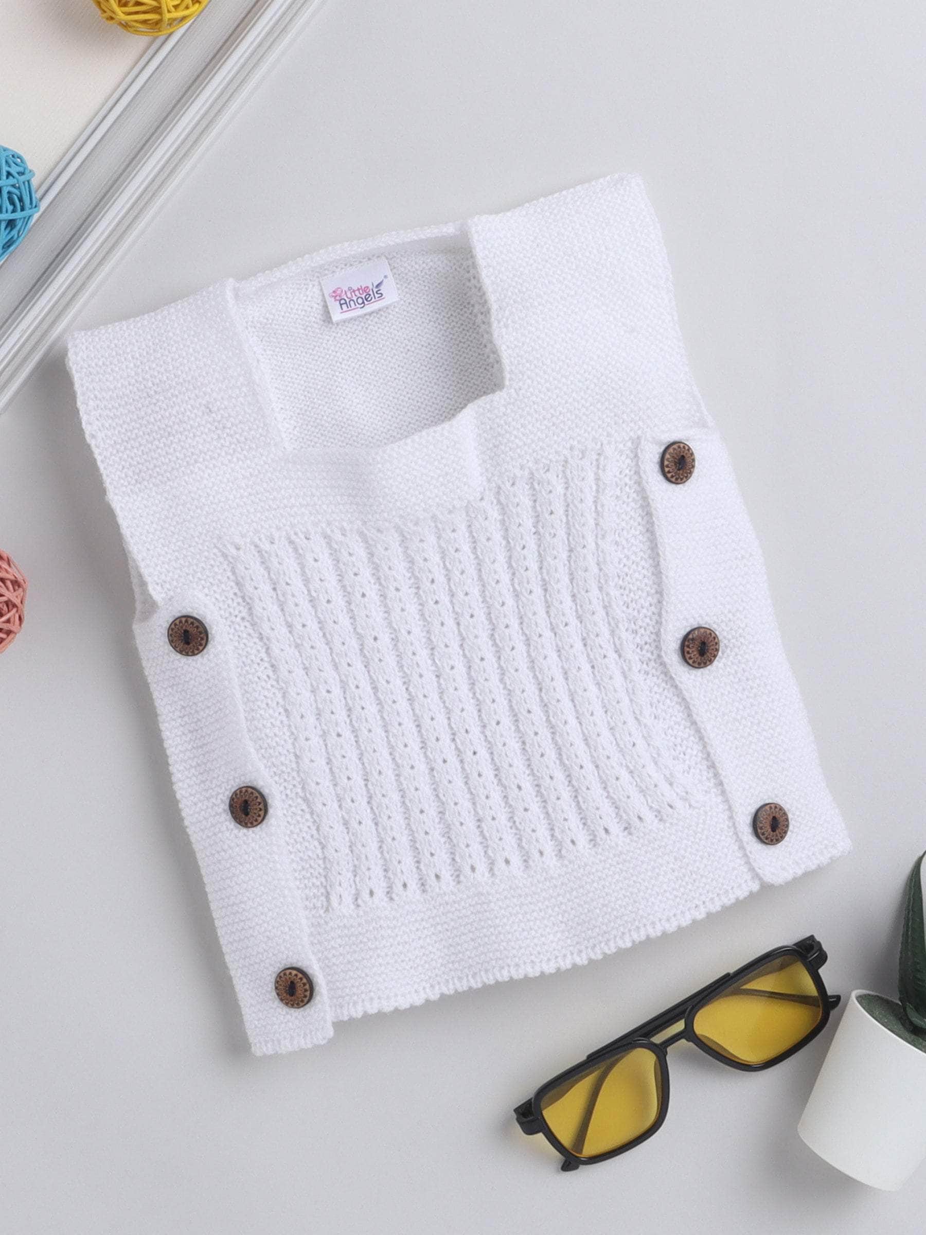 Little Angels Little Angels Baby Wool Square Neck Lace Rib Sleeveless Cardigan For Baby Boys Sleeveless/vests Warm Whispers Buttoned Baby Vest 0-3M / White / Baby Wool
