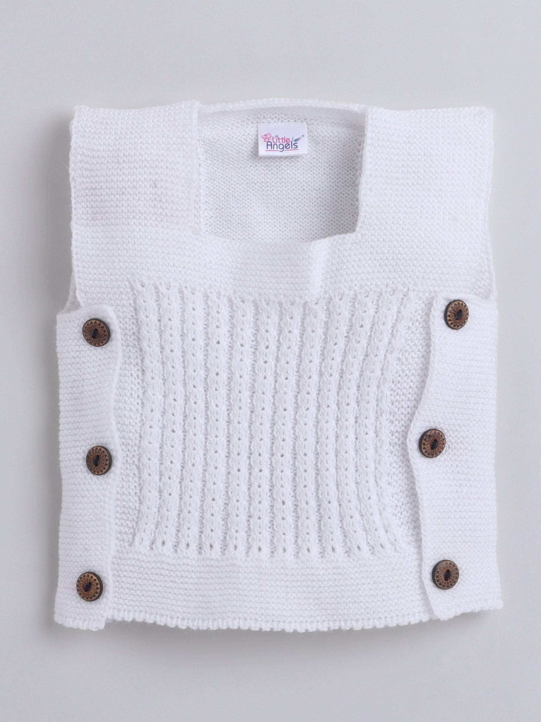 Little Angels Little Angels Baby Wool Square Neck Lace Rib Sleeveless Cardigan For Baby Boys Sleeveless/vests Warm Whispers Buttoned Baby Vest 0-3M / White / Baby Wool