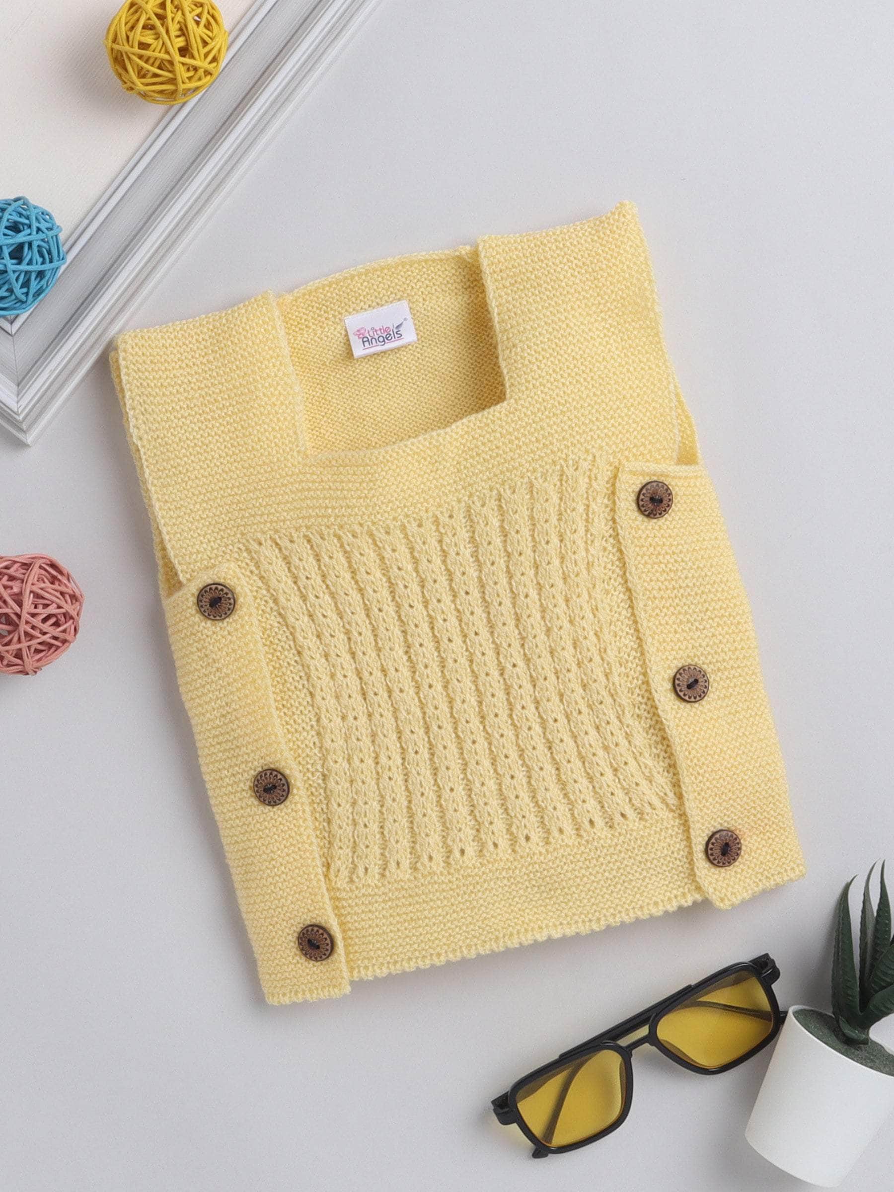 Little Angels Little Angels Baby Wool Square Neck Lace Rib Sleeveless Cardigan For Baby Boys Sleeveless/vests Warm Whispers Buttoned Baby Vest 0-3M / Yellow / Baby Wool