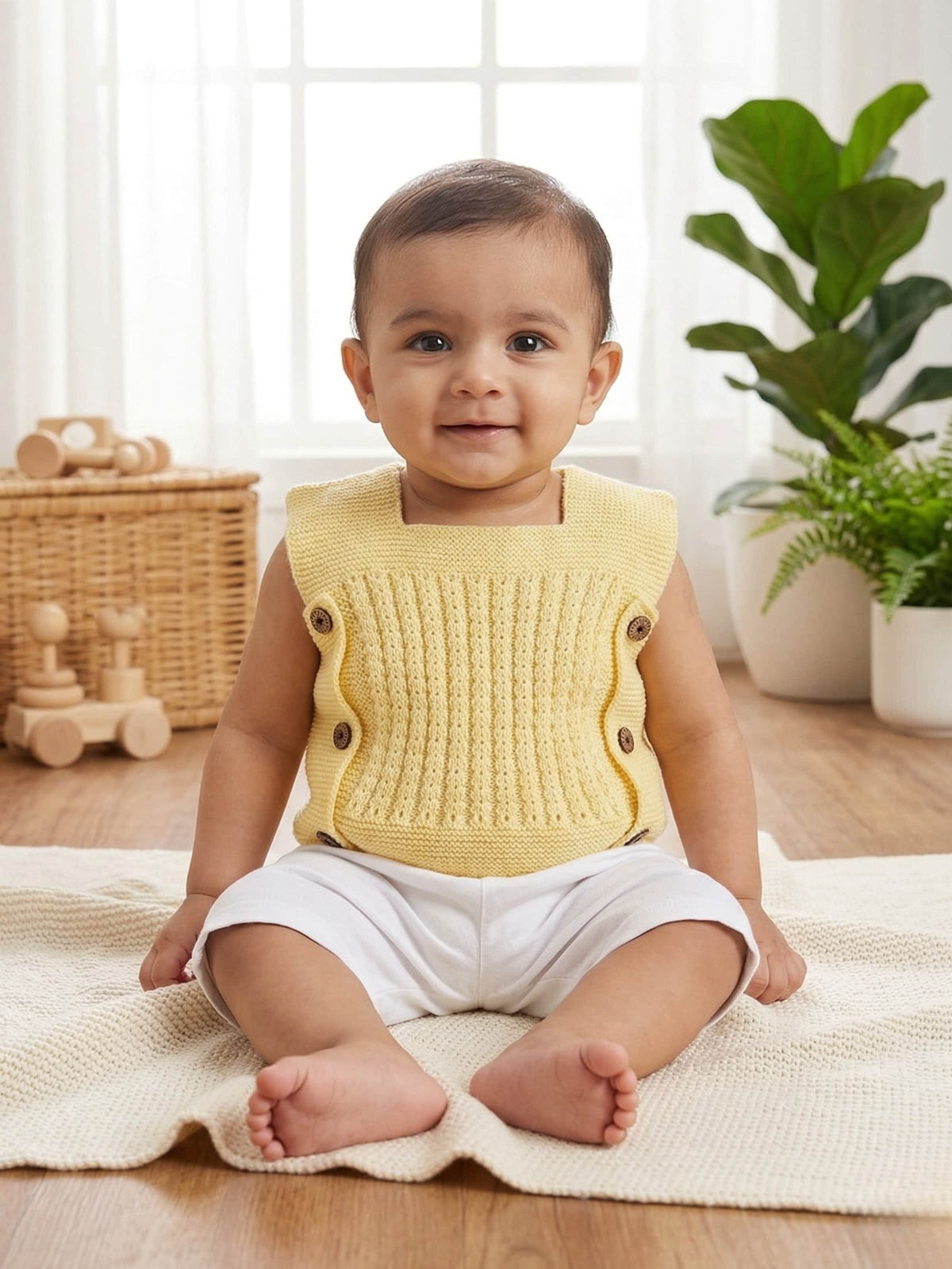 Yellow lace rib knit woollen sleeveless vest for newborn 0-3 months by Little Angels