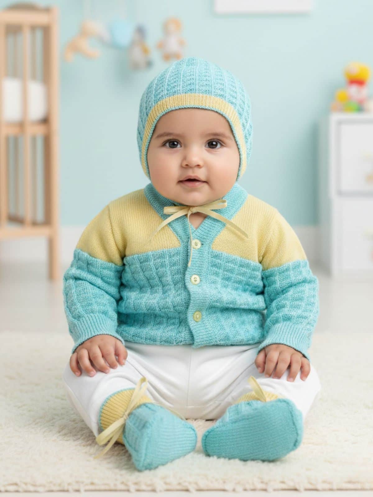 Little Angels Baby Knit Sweater Set with Cap & Booties | Soft Winter Wear for Newborns Sweater Sets Baby Knit Sweater Set with Cap & Socks– Aqua & Yellow 6-12 M / Blue & Yellow / Baby Wool