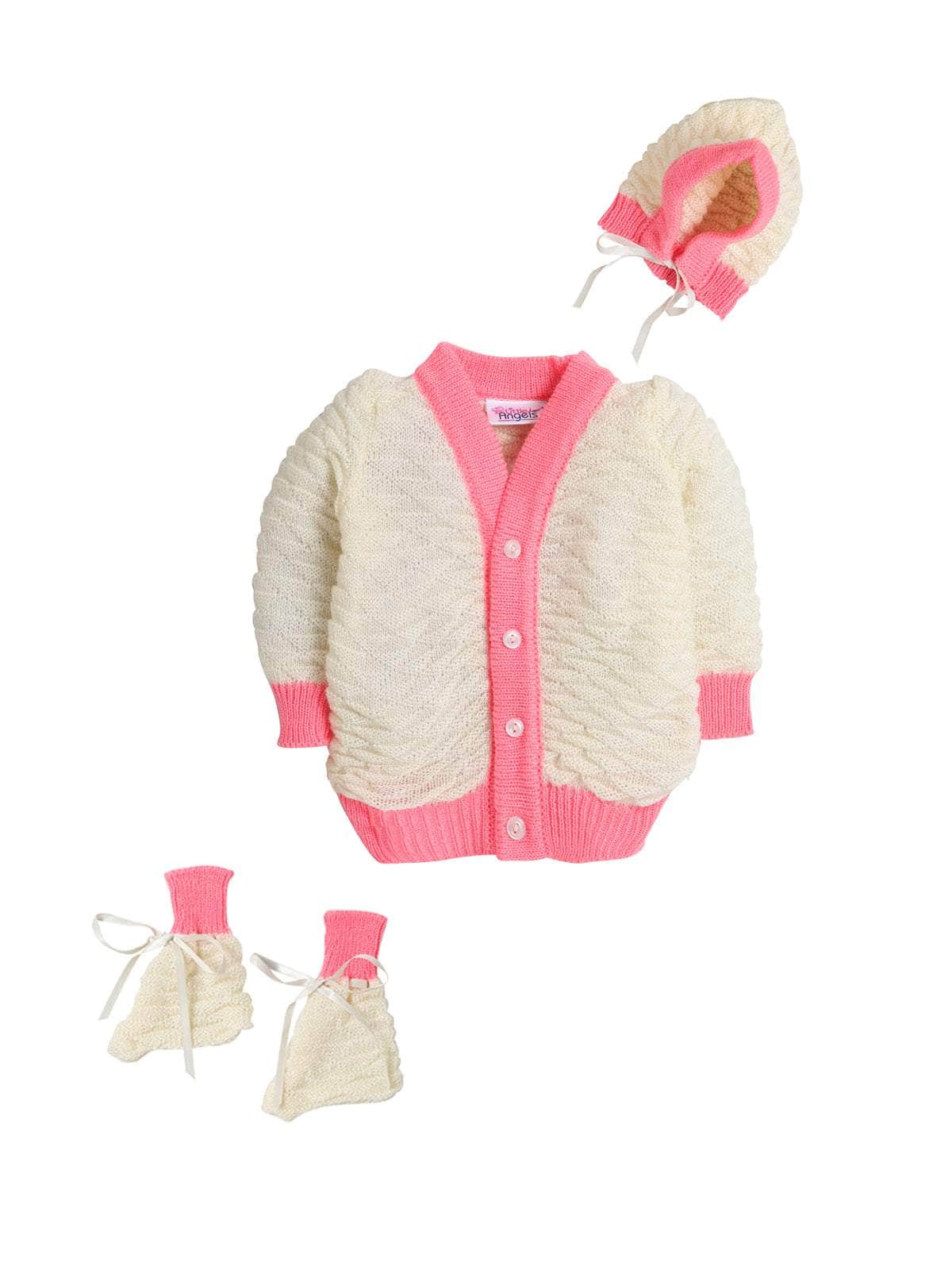 Little Angels Little Angels Sweater Set Baby Wool Full Sleeves V-Neck Jacquard Star Design Yellow & Navy 3-Piece Set Sweater Sets Baby Knitted Cardigan Set 0-3M / NeonPink & White / Baby Wool