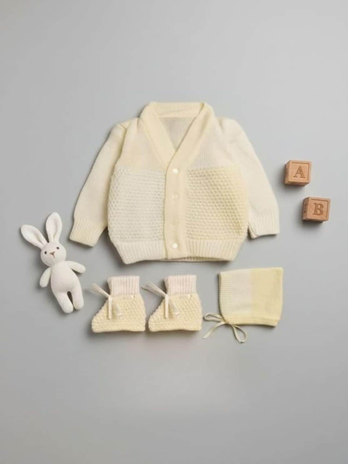 Cream striped 4-piece baby wool sweater set for baby 3-6 months by Little Angels