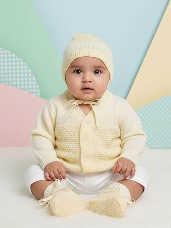 Little Angels Baby Knitted Sweater Set with Booties & Cap | Soft Winter Wear for Newborns Sweater Sets Baby Knitted Sweater Set with Socks & Cap – Soft Winter Essentials (Cream) 3-6M / cream / Baby Wool
