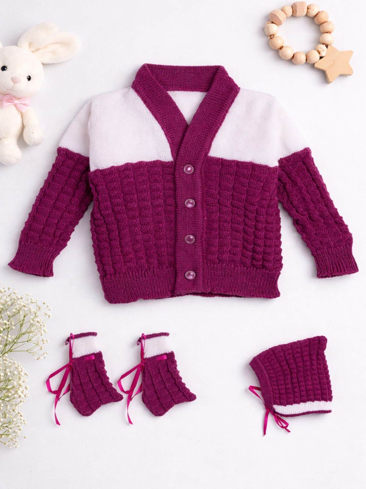 Little Angels Baby Winter Knit Sweater Set with Cap & Socks Sweater Sets Baby Winter Knit Sweater Set with Cap & Socks 3-6 M / Wine