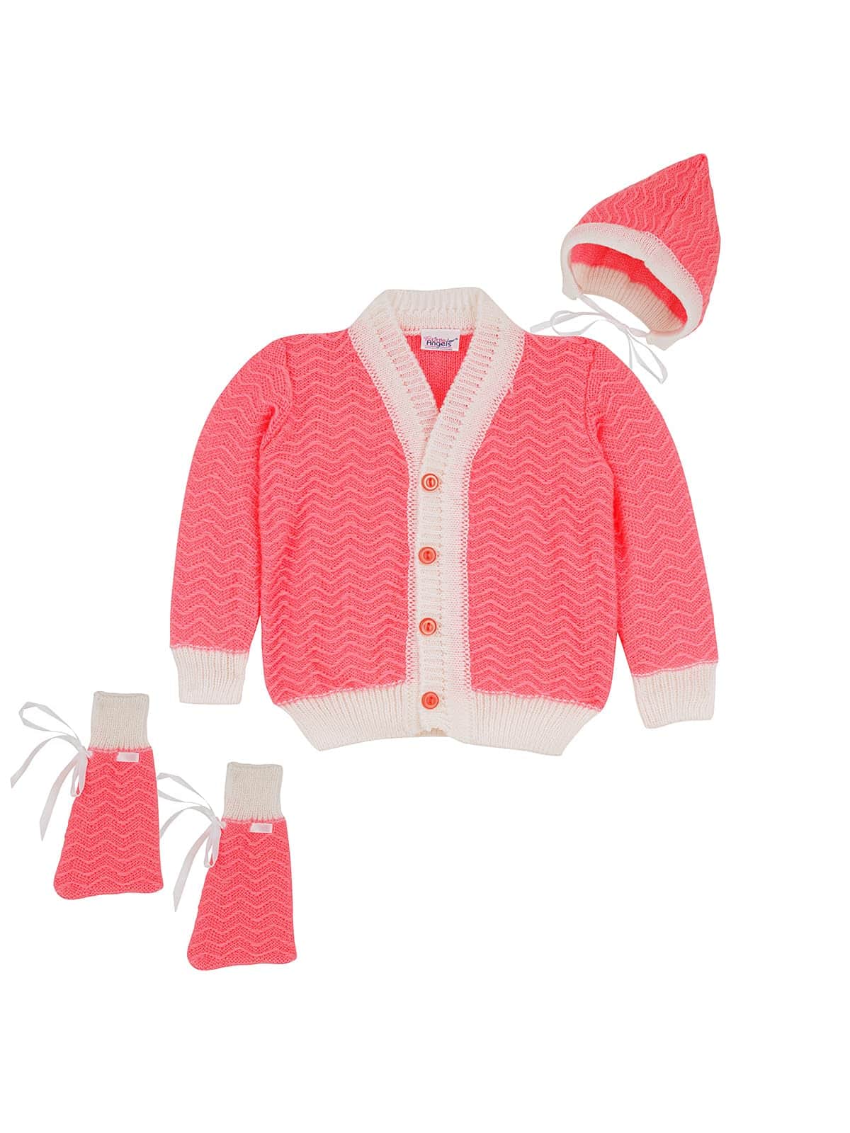 Little Angels Baby Knitted Sweater Set with Cap & Booties | Soft Winter Wear Sweater Sets Baby Winter Knitted Sweater Set with Cap and Socks 6-12 M / Neon Pink / Soft Wool