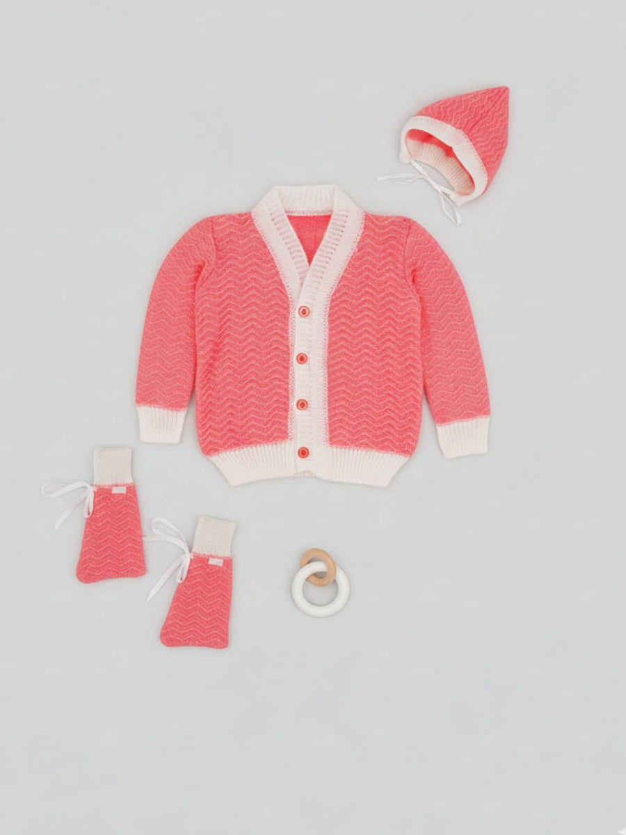 Little Angels Baby Knitted Sweater Set with Cap & Booties | Soft Winter Wear Sweater Sets Baby Winter Knitted Sweater Set with Cap and Socks 6-12 M / Neon Pink / Soft Wool