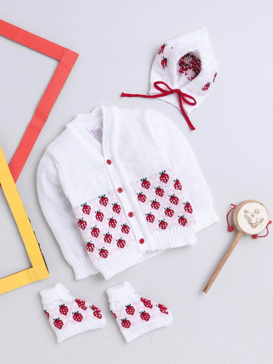 White & Red strawberry motif 3-piece baby wool sweater set for newborn 0-12 months by Little Angels
