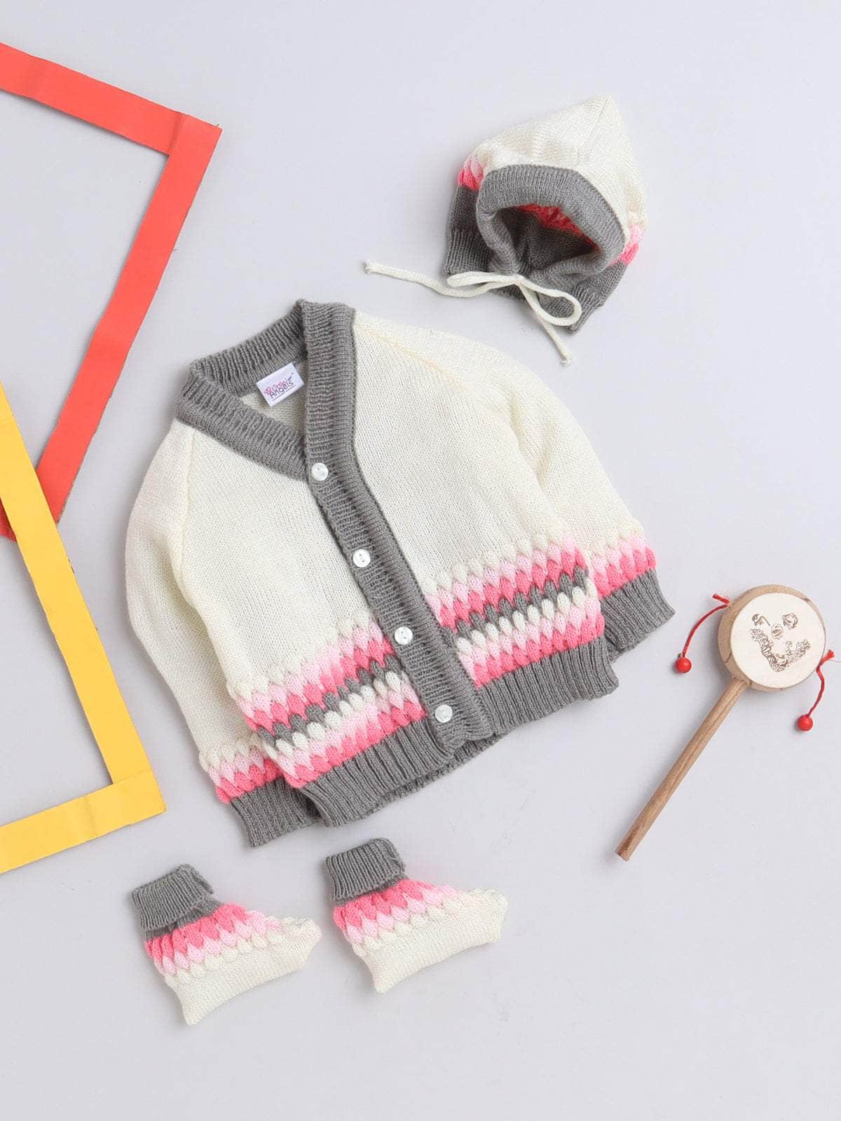 Little Angels Little Angels V-Neck Full Sleeves Full Sleeves Bubble Knitted  Cardigan, Tie-Knot Cap and Socks Sweater Sets Bubble Strawberry Knitwear Set