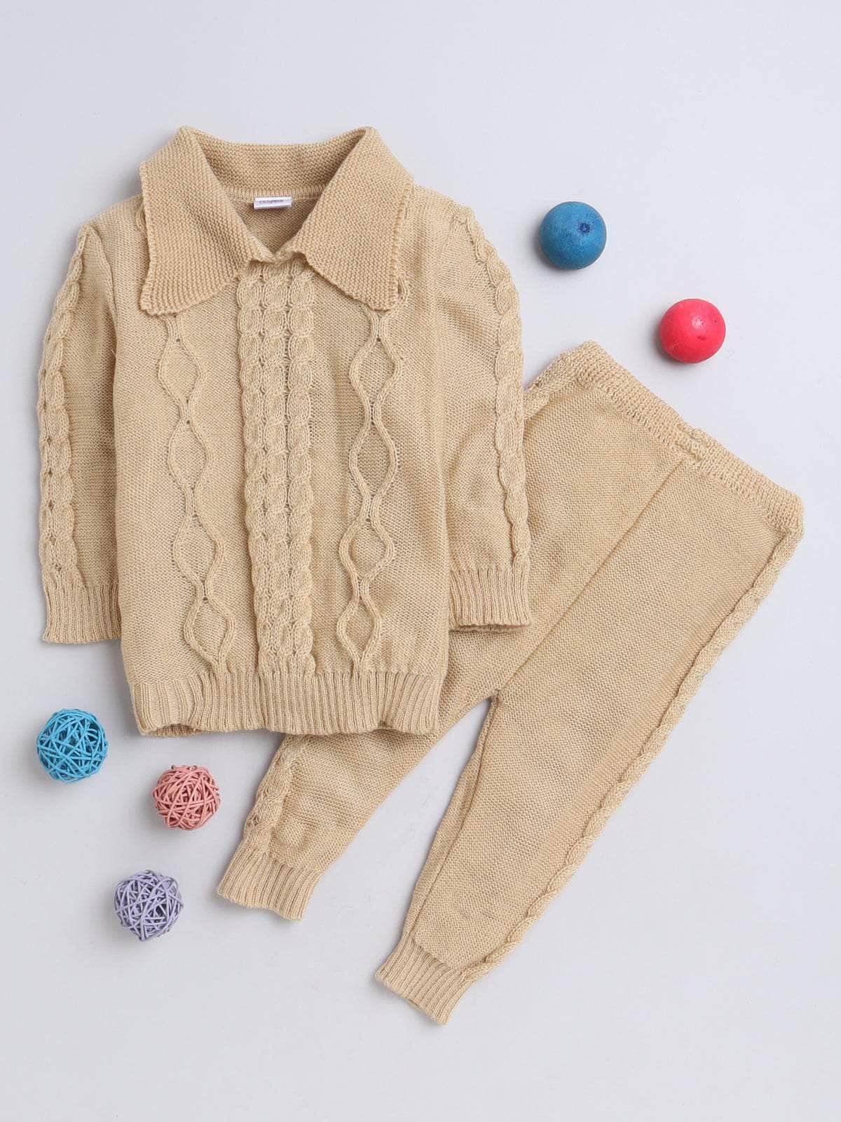 Little Angels 2 Pcs Sweater Set Cable Knit Collared Neck Baby Wool Beige Pullover and Pants For Baby Girls Sweater Sets Bundle & Stroll Cable Set