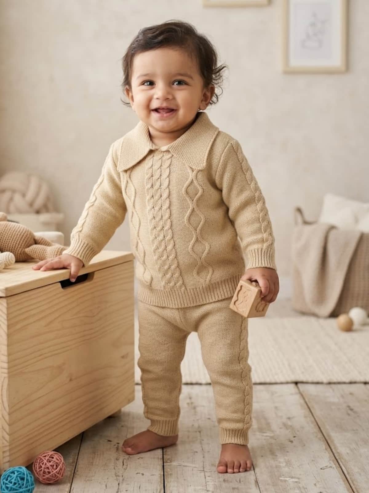 Beige cable knit 2-piece baby wool sweater set for baby 6 months to 3 years by Little Angels
