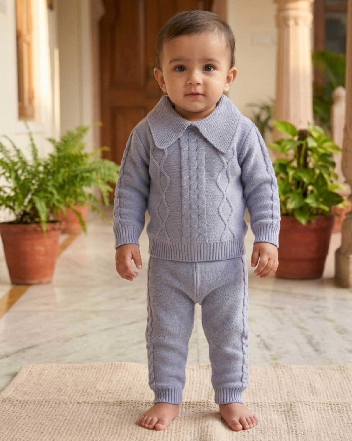 Grey cable knit 2-piece baby wool sweater set for baby 6 months to 3 years by Little Angels