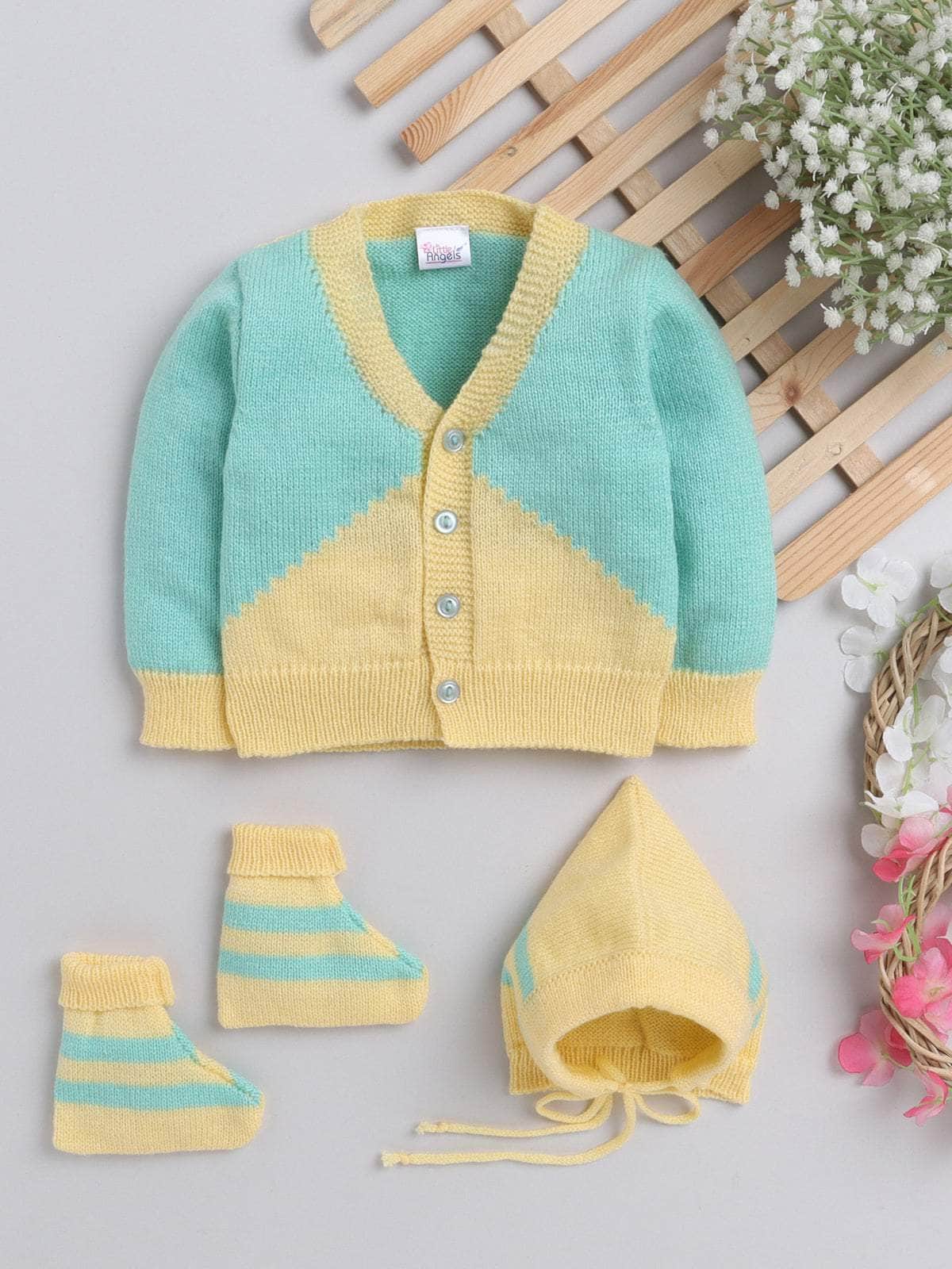 Green & Yellow colour-block 3-piece baby wool sweater set for newborn 0-12 months by Little Angels