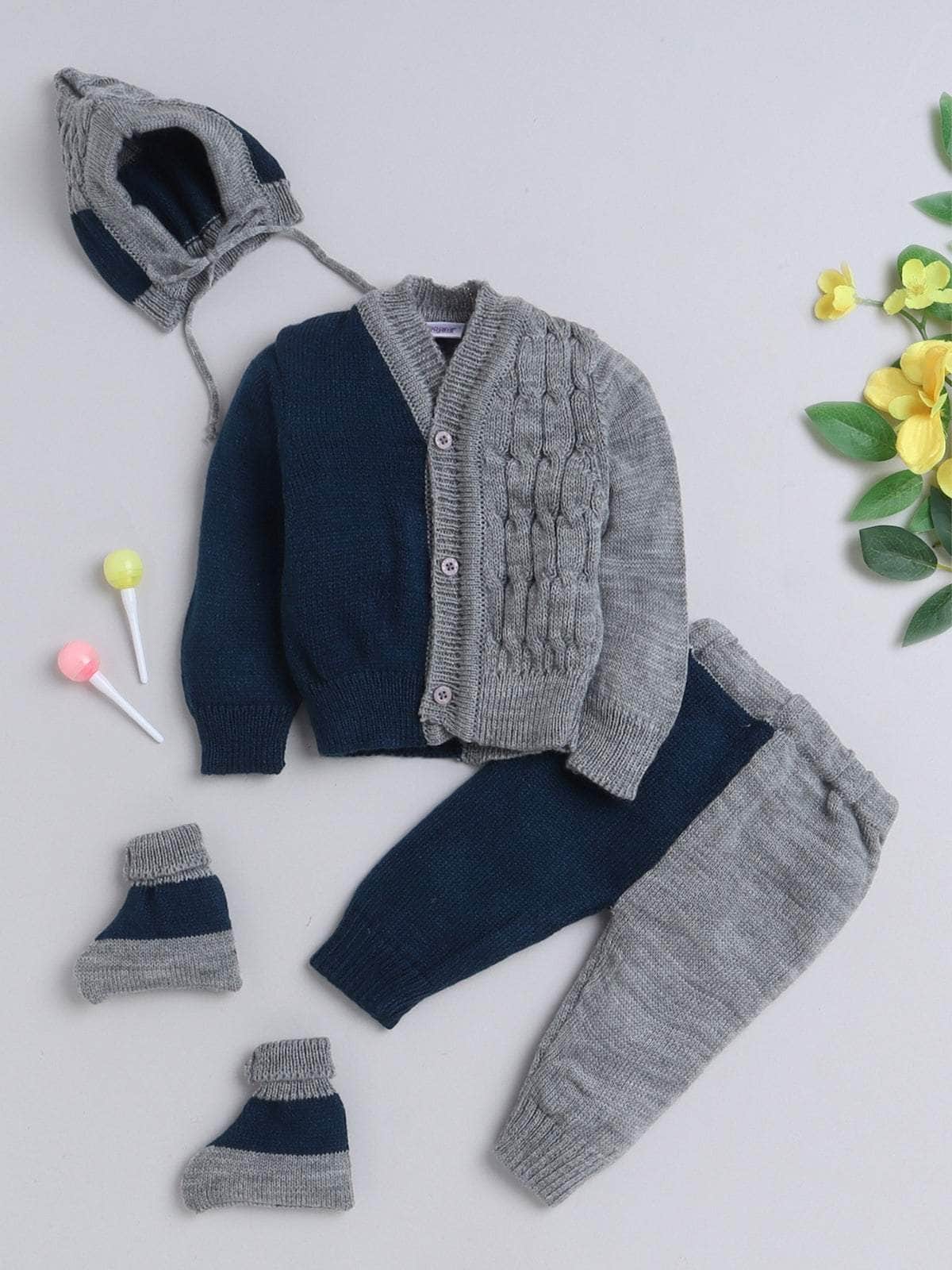 Little Angels Little Angels V-Neck Full Sleeves Color-Block with Cable Knit Fuchsia & Yellow Cardigan, Pants, Cap & Socks Sweater Sets Candy Crush Baby Outfit 0-3M / Grey & Navy / Baby Wool