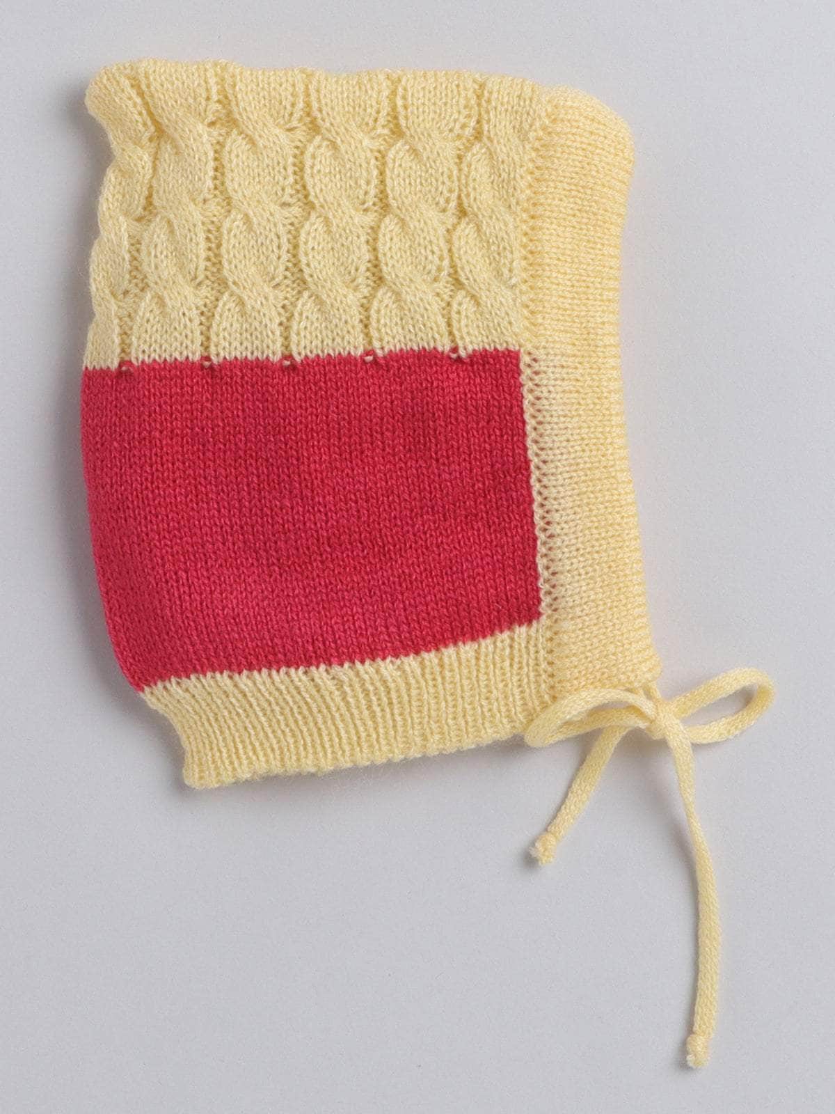 Little Angels Little Angels V-Neck Full Sleeves Color-Block with Cable Knit Fuchsia & Yellow Cardigan, Pants, Cap & Socks Sweater Sets Candy Crush Baby Outfit