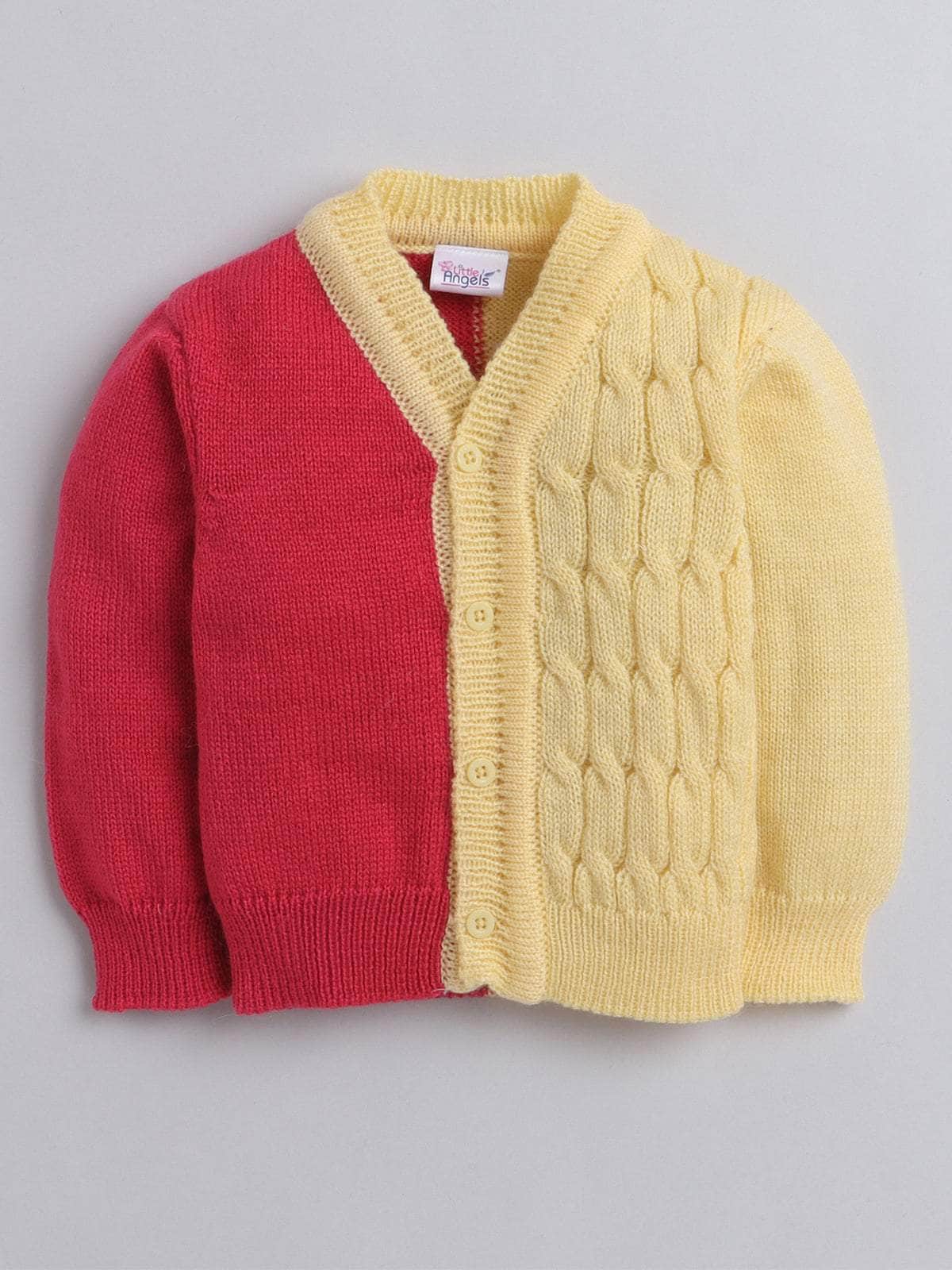 Little Angels Little Angels V-Neck Full Sleeves Color-Block with Cable Knit Fuchsia & Yellow Cardigan, Pants, Cap & Socks Sweater Sets Candy Crush Baby Outfit