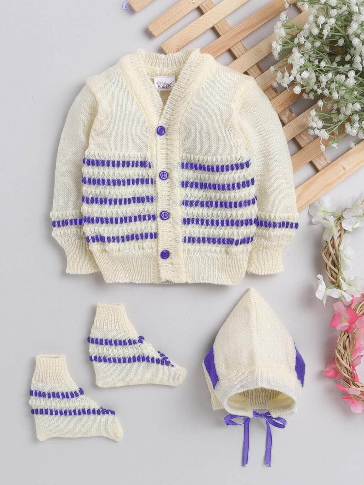 Little Angels Little Angels Sweater Set Baby Wool Full Sleeves V-Neck Striped in a Pearl Pattern Wine 3-Piece Set Sweater Sets Celestial Dot Knit Baby Outfit 0-3M / Violete / Baby Wool