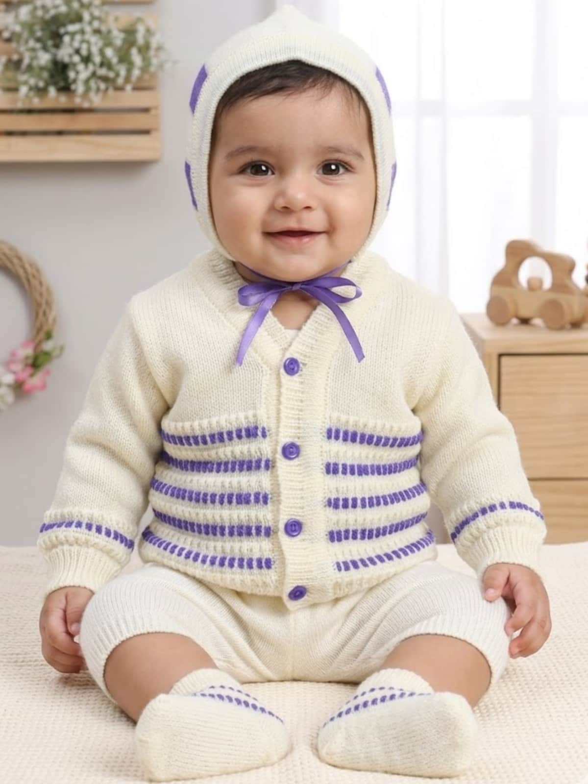 Little Angels Little Angels Sweater Set Baby Wool Full Sleeves V-Neck Striped in a Pearl Pattern Wine 3-Piece Set Sweater Sets Celestial Dot Knit Baby Outfit 0-3M / Violete / Baby Wool