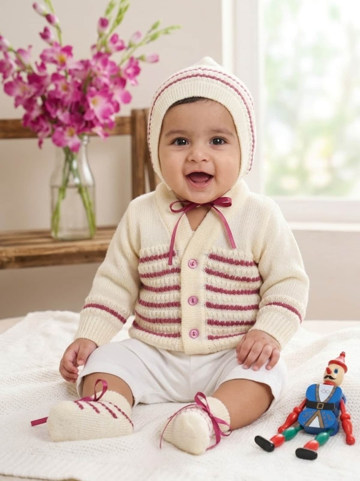 Wine pearl-stripe knit 3-piece baby wool sweater set for newborn 0-12 months by Little Angels