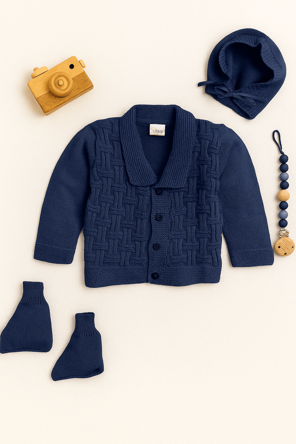 Little Angels Little Angels V-Neck Full Sleeves Full Sleeves Basketweave Cardigan, Tie-Knot Cap and Socks Sweater Sets Classic Ivory Baby Knitwear Ensemble 0-3M / Navy / Baby Wool