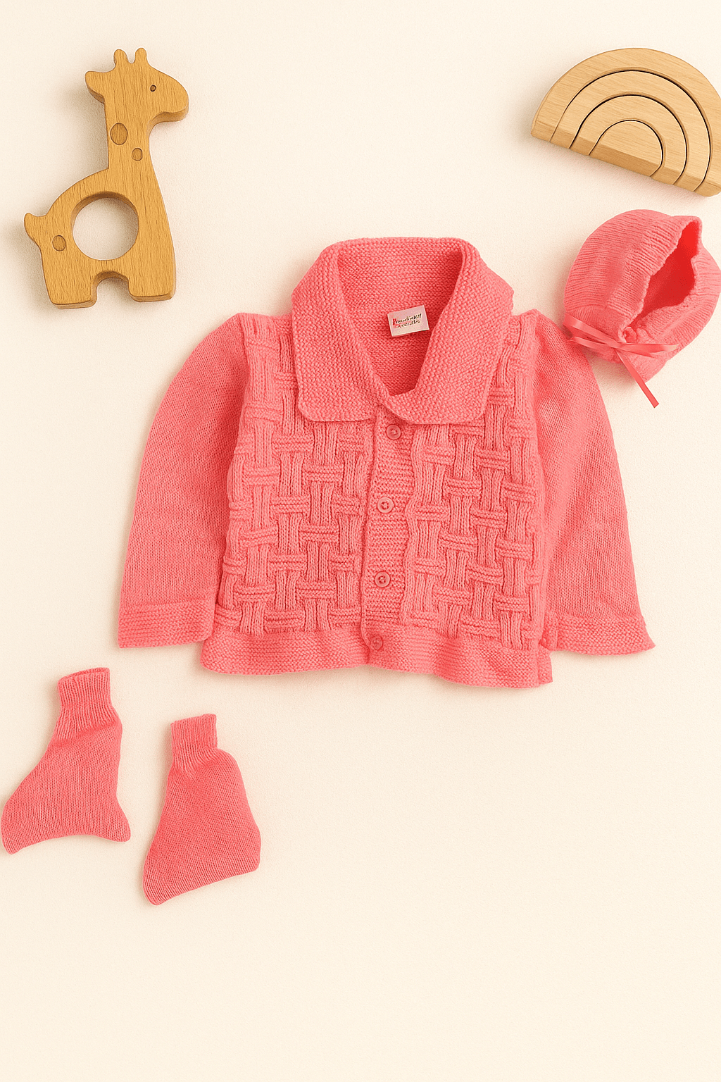 Little Angels Little Angels V-Neck Full Sleeves Full Sleeves Basketweave Cardigan, Tie-Knot Cap and Socks Sweater Sets Classic Ivory Baby Knitwear Ensemble 0-3M / Neon Pink / Baby Wool