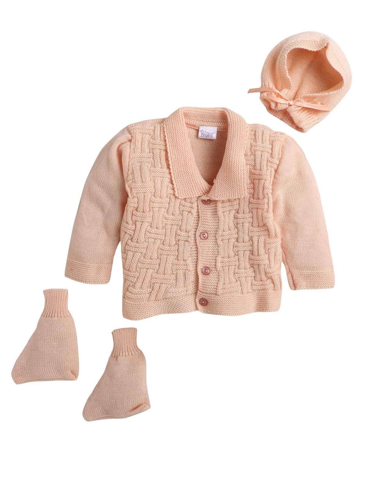 Little Angels Little Angels V-Neck Full Sleeves Full Sleeves Basketweave Cardigan, Tie-Knot Cap and Socks Sweater Sets Classic Ivory Baby Knitwear Ensemble 0-3M / Peach / Baby Wool