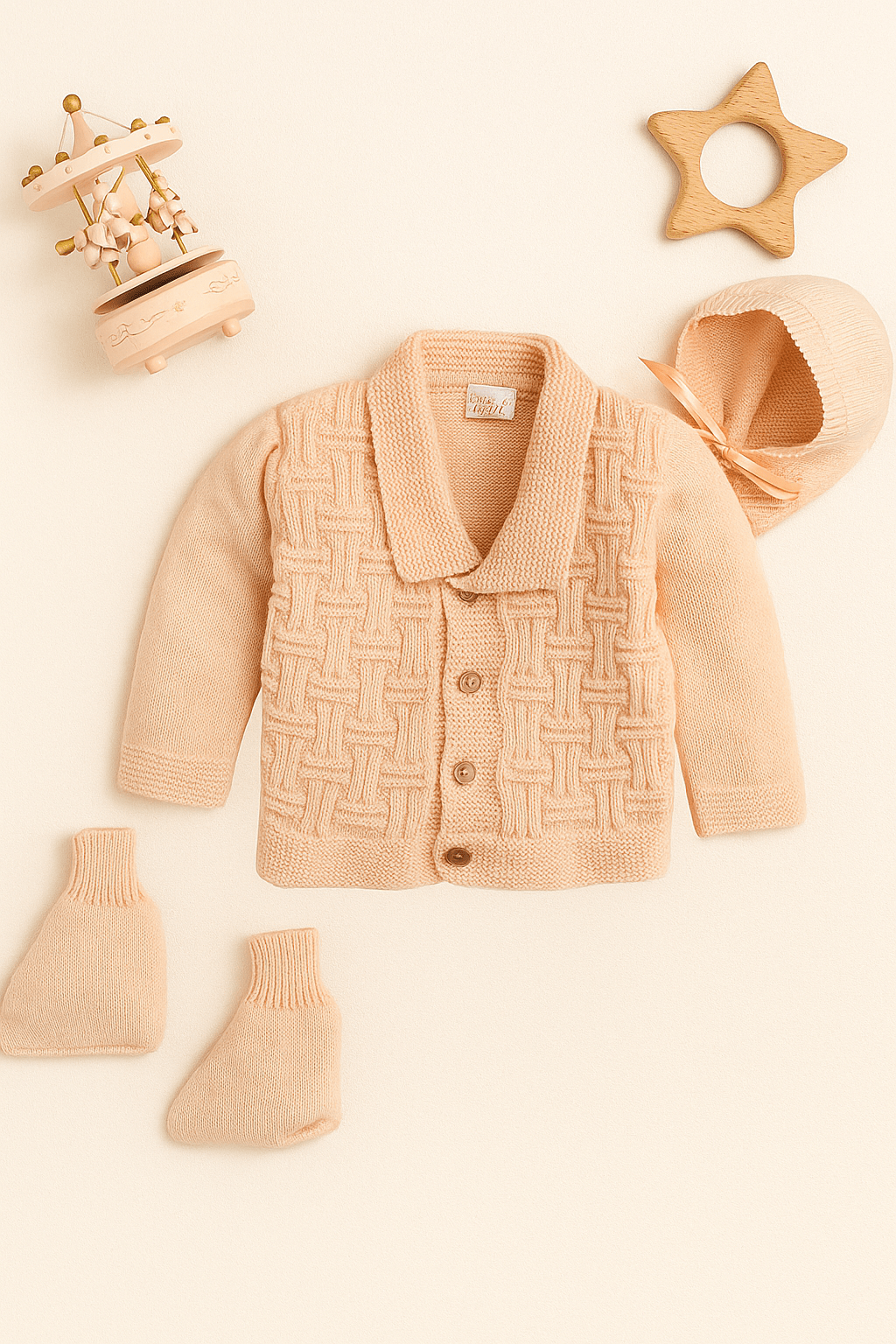 Little Angels Little Angels V-Neck Full Sleeves Full Sleeves Basketweave Cardigan, Tie-Knot Cap and Socks Sweater Sets Classic Ivory Baby Knitwear Ensemble
