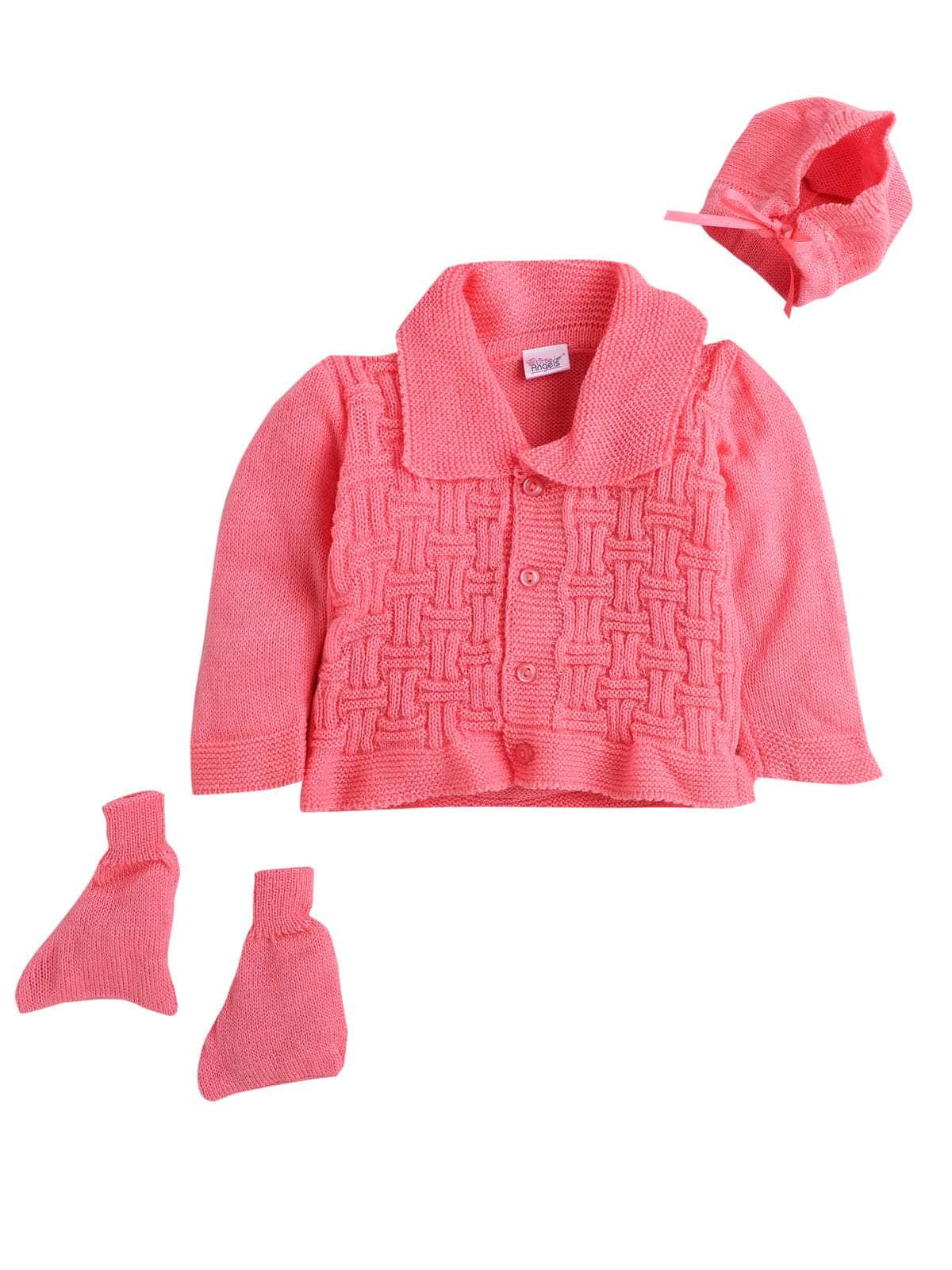 Little Angels Little Angels V-Neck Full Sleeves Full Sleeves Basketweave Cardigan, Tie-Knot Cap and Socks Sweater Sets Classic Ivory Baby Knitwear Ensemble