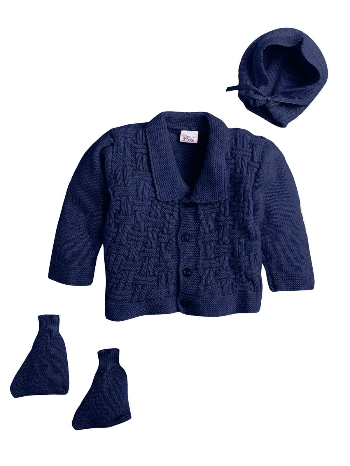 Little Angels Little Angels V-Neck Full Sleeves Full Sleeves Basketweave Cardigan, Tie-Knot Cap and Socks Sweater Sets Classic Ivory Baby Knitwear Ensemble