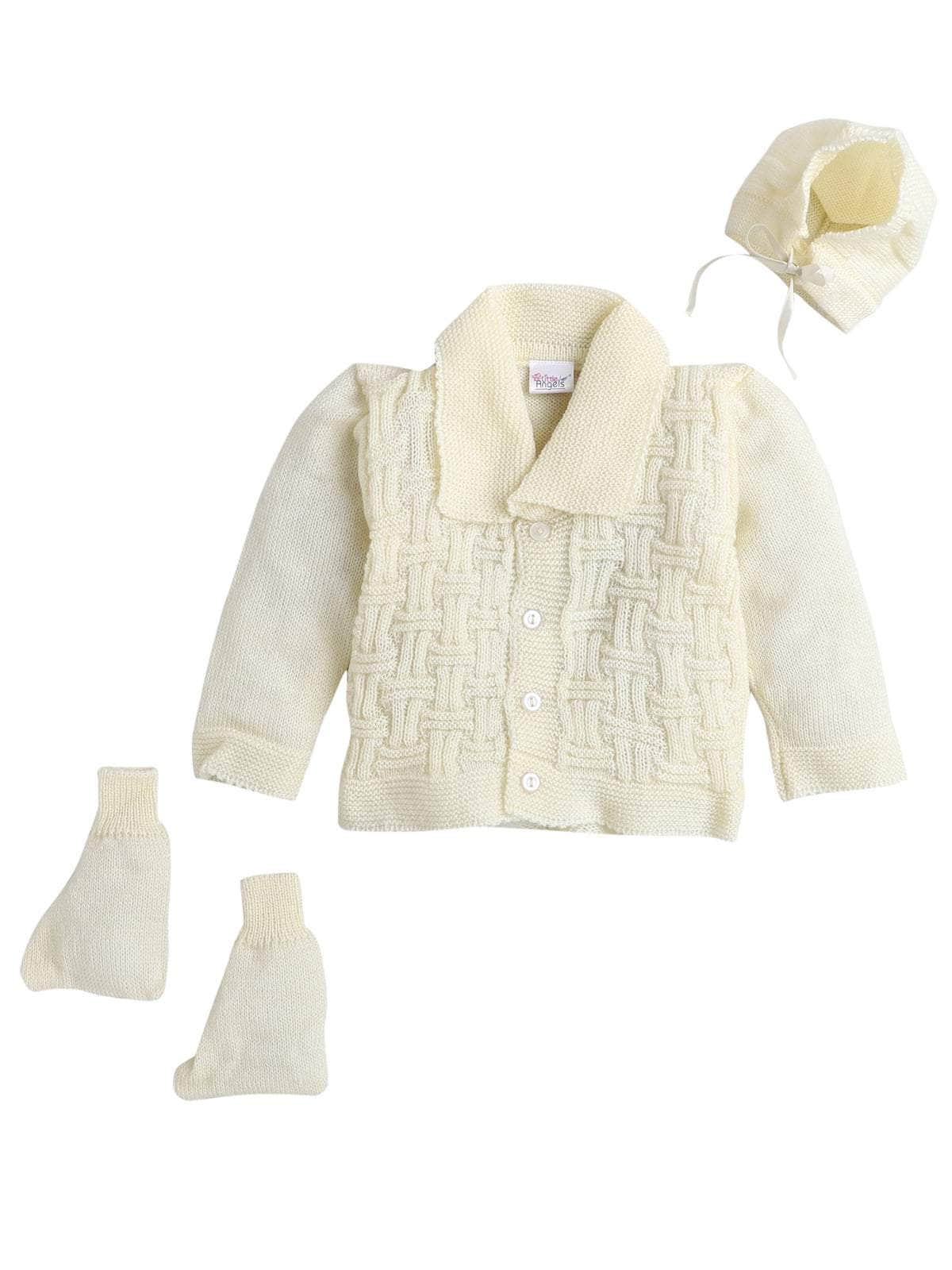 Little Angels Little Angels V-Neck Full Sleeves Full Sleeves Basketweave Cardigan, Tie-Knot Cap and Socks Sweater Sets Classic Ivory Baby Knitwear Ensemble
