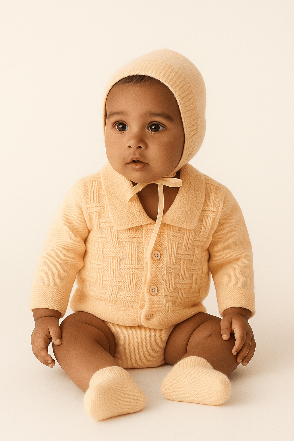 Little Angels Little Angels V-Neck Full Sleeves Full Sleeves Basketweave Cardigan, Tie-Knot Cap and Socks Sweater Sets Classic Ivory Baby Knitwear Ensemble