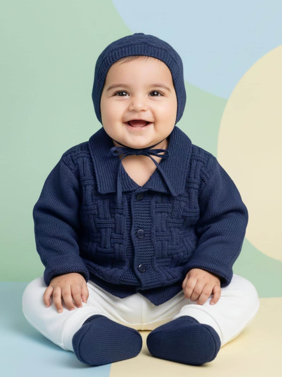 Little Angels Little Angels V-Neck Full Sleeves Full Sleeves Basketweave Cardigan, Tie-Knot Cap and Socks Sweater Sets Classic Ivory Baby Knitwear Ensemble
