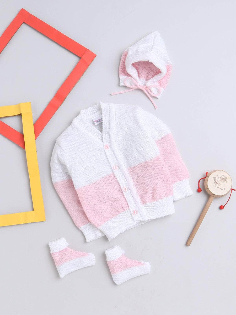 White & Pink chevron knit 3-piece baby wool sweater set for newborn 0-12 months by Little Angels