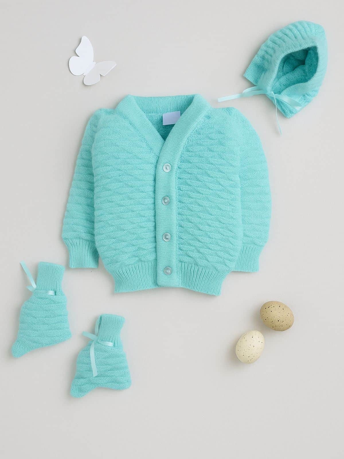 Green textured knit 3-piece baby wool sweater set for baby 6-12 months by Little Angels