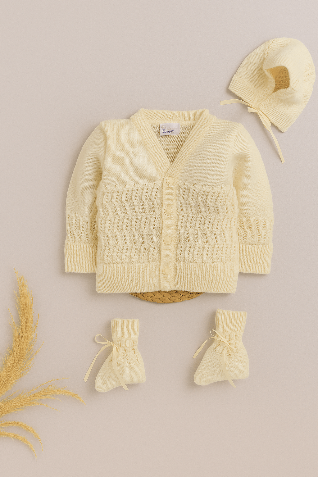 Cream floral knit 3-piece baby wool sweater set for baby 6-12 months by Little Angels