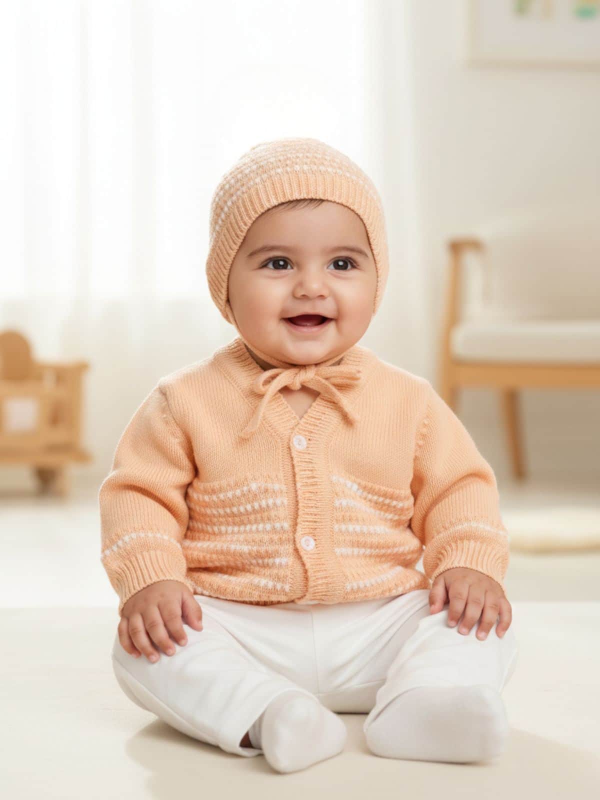Little Angels Little Angels Sweater Set Baby Wool Full Sleeves V-Neck Striped in a Pearl Pattern Pink 3-Piece Set Sweater Sets Delicate Pearl-Knit Baby Set