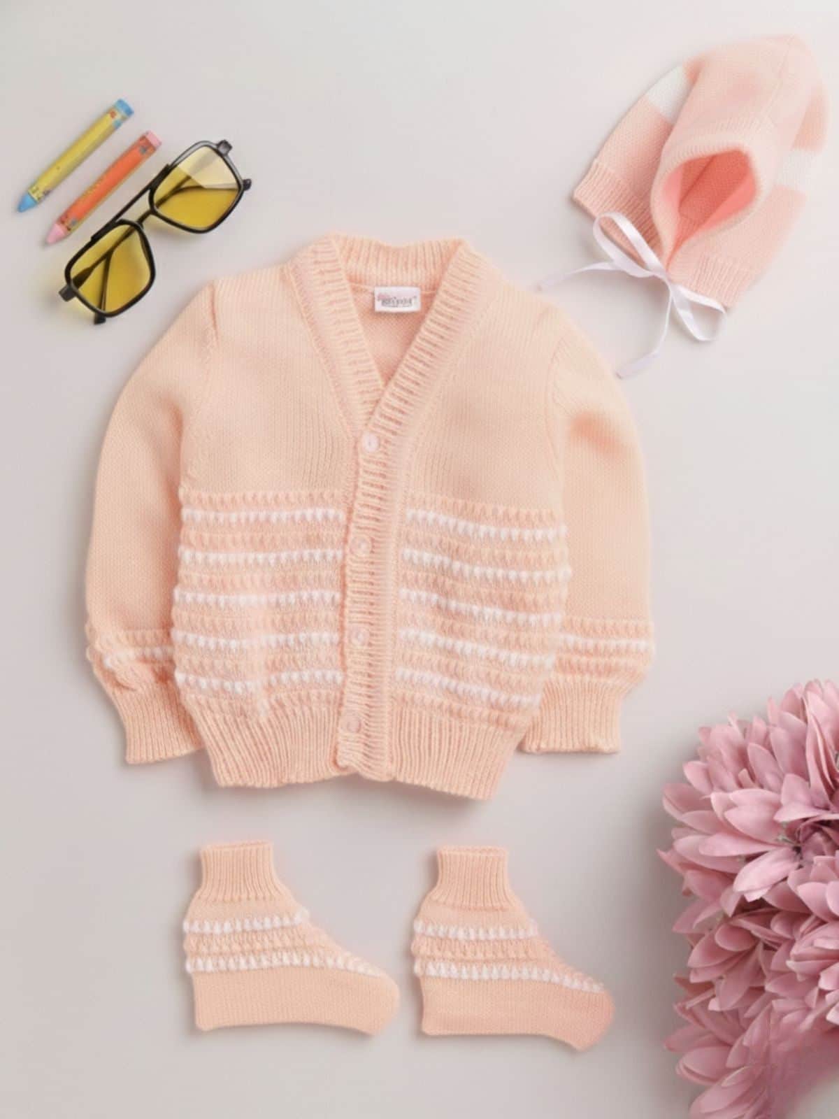 Little Angels Little Angels Sweater Set Baby Wool Full Sleeves V-Neck Striped in a Pearl Pattern Pink 3-Piece Set Sweater Sets Delicate Pearl-Knit Baby Set 3-6 M / Peach / Baby Wool