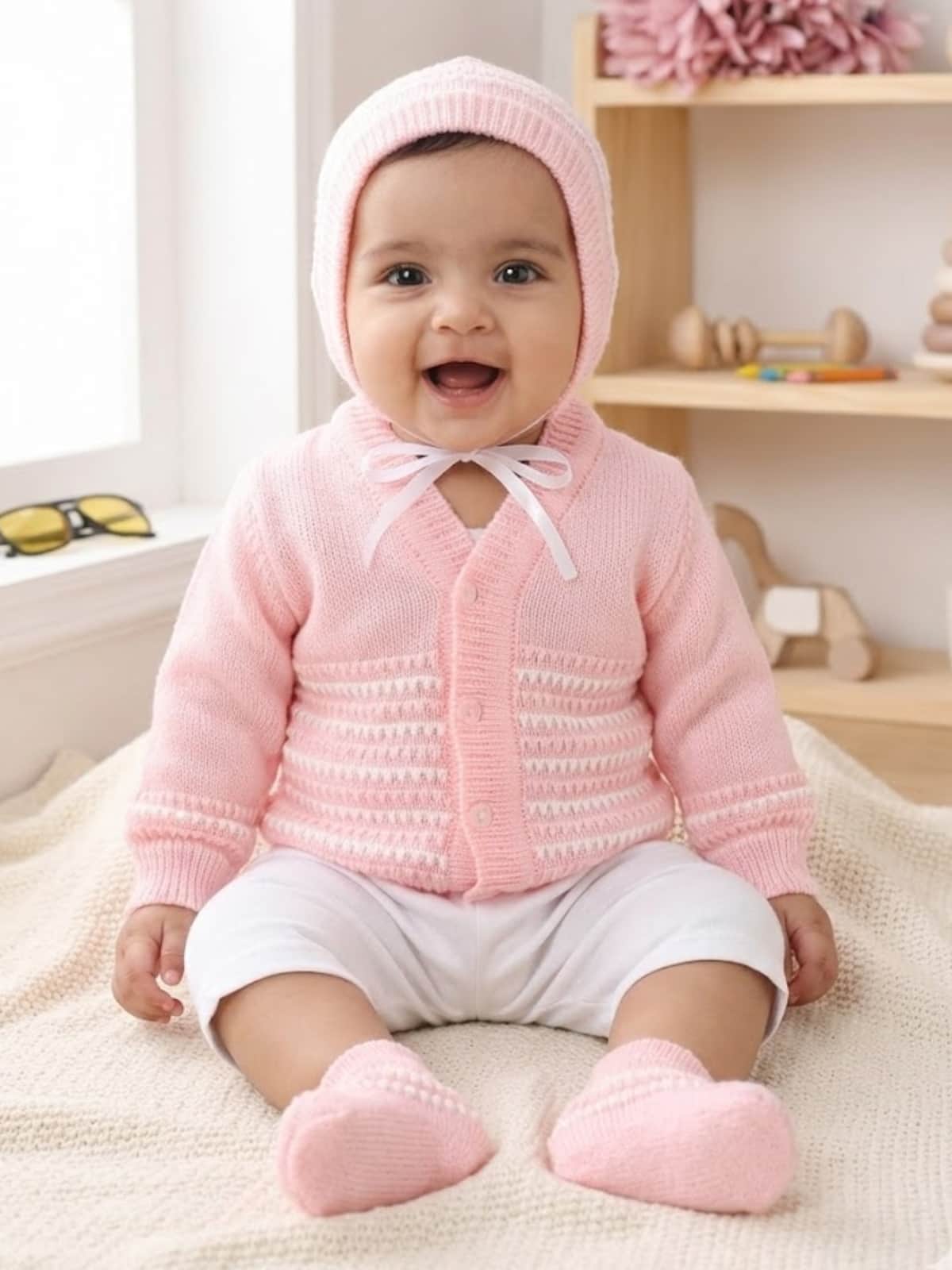 Pink pearl-stripe knit 3-piece baby wool sweater set for baby 3-12 months by Little Angels