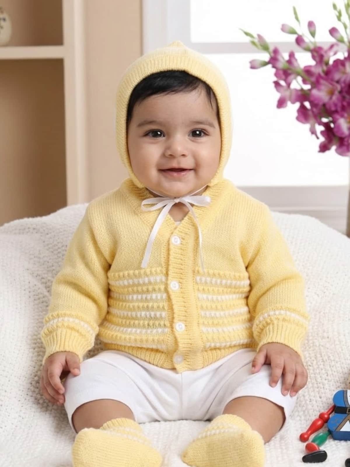 Little Angels Little Angels Sweater Set Baby Wool Full Sleeves V-Neck Striped in a Pearl Pattern Pink 3-Piece Set Sweater Sets Delicate Pearl-Knit Baby Set 3-6 M / Yellow / Baby Wool