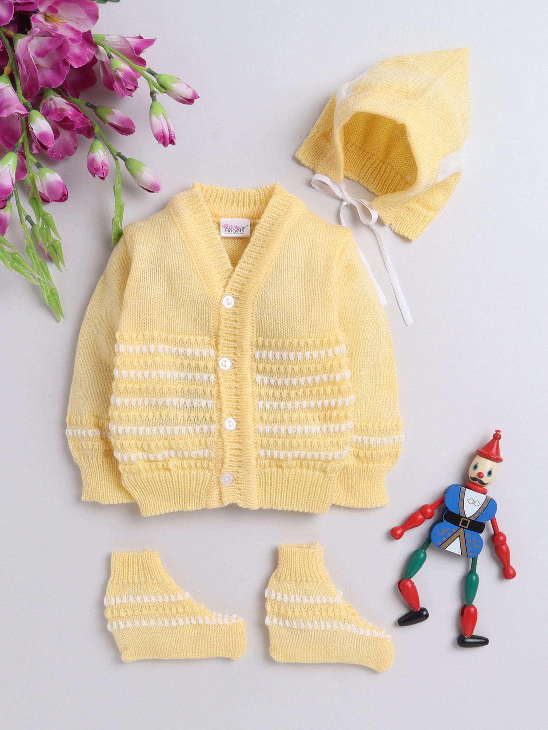 Little Angels Little Angels Sweater Set Baby Wool Full Sleeves V-Neck Striped in a Pearl Pattern Pink 3-Piece Set Sweater Sets Delicate Pearl-Knit Baby Set Yellow / Baby Wool / 0-3 M