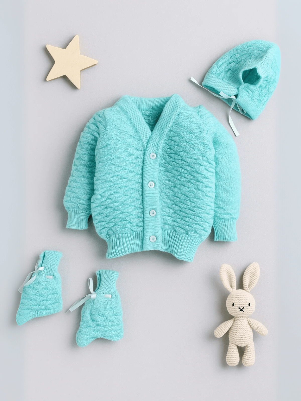 Little Angels Little Angels Sweater Set Baby Wool Full Sleeves V-Neck Solid with Pyramid Design Cream 3-Piece Set Sweater Sets Diamond Buds Baby Knitwear Set 0-3M / Green / Baby Wool