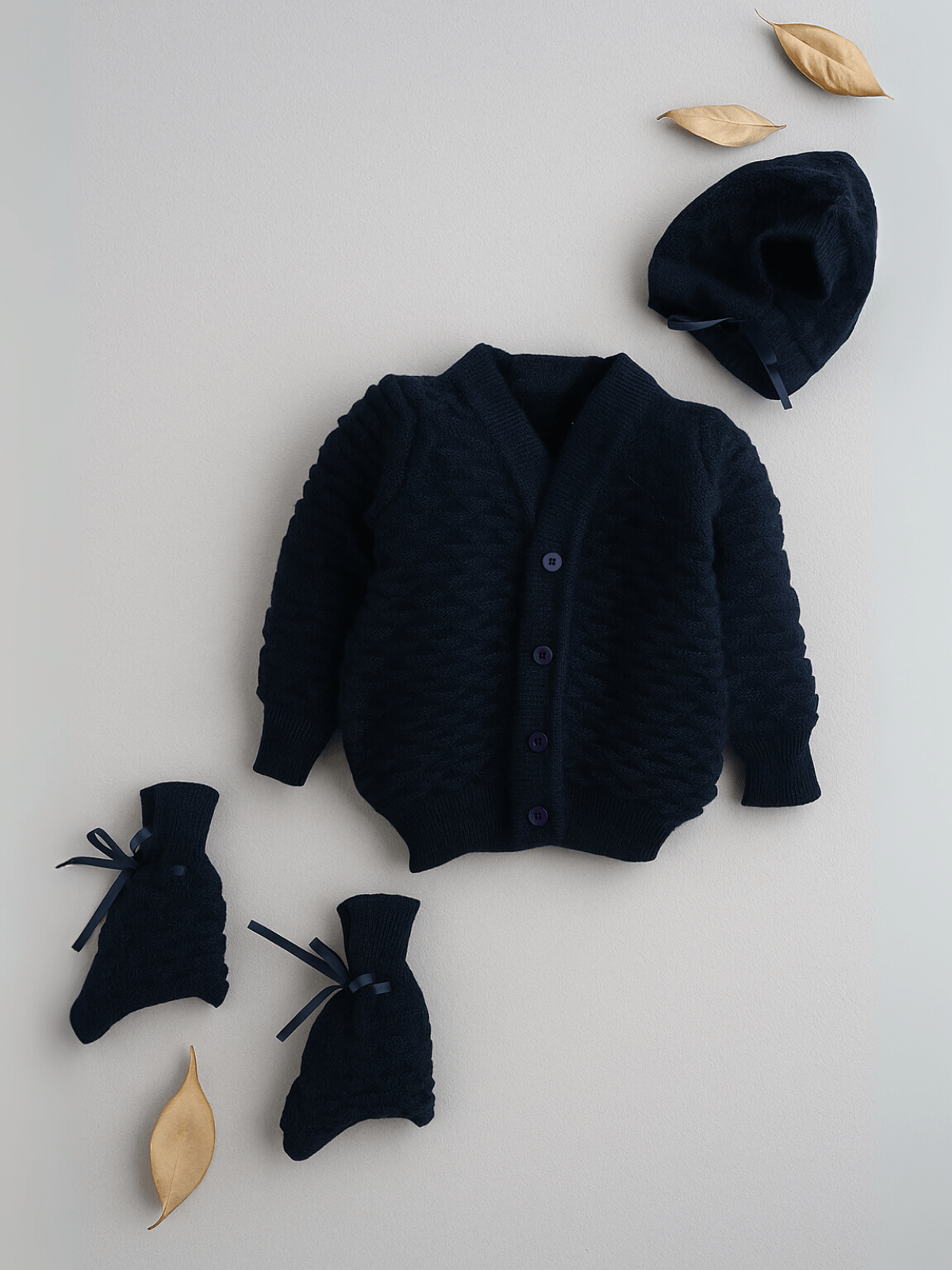 Navy pyramid knit 3-piece baby wool sweater set for newborn 0-12 months by Little Angels