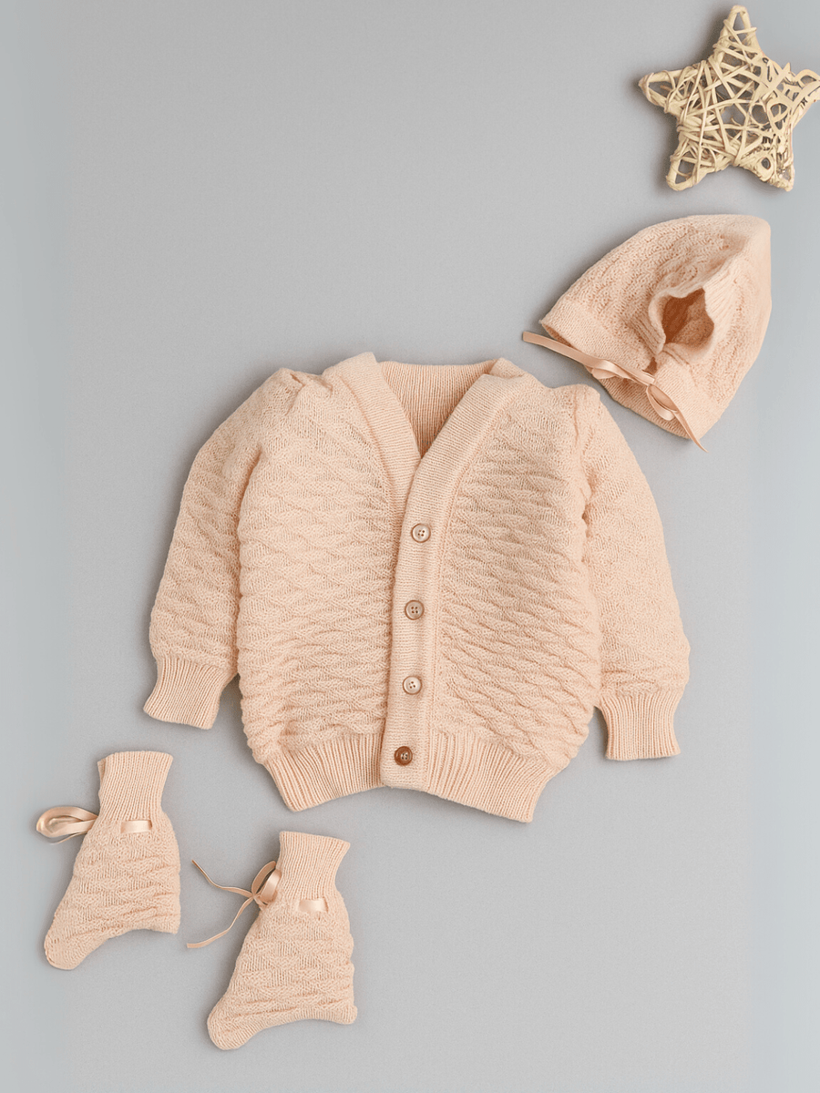 Little Angels Little Angels Sweater Set Baby Wool Full Sleeves V-Neck Solid with Pyramid Design Peach 3-Piece Set Sweater Sets Diamond Buds Baby Knitwear Set