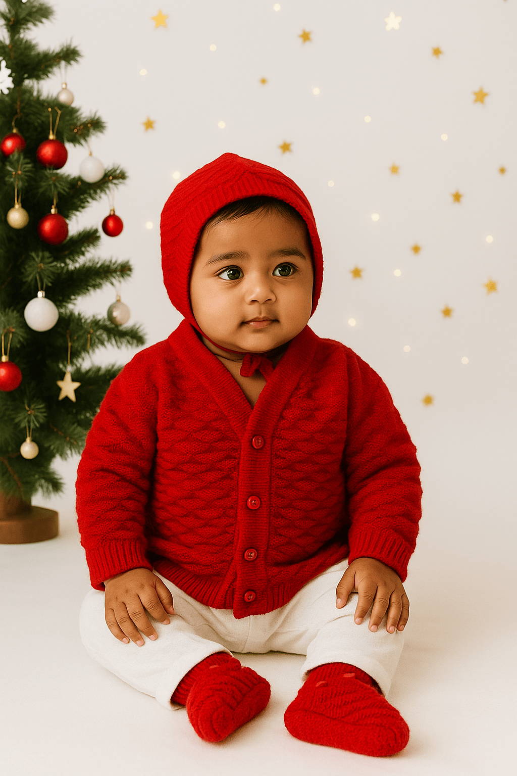 Little Angels Little Angels Sweater Set Baby Wool Full Sleeves V-Neck Solid with Pyramid Design Red 3-Piece Set Sweater Sets Diamond Buds Baby Knitwear Set