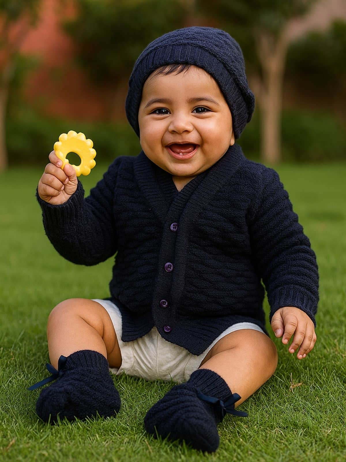 Little Angels Little Angels Sweater Set Baby Wool Full Sleeves V-Neck Solid with Pyramid Design Cream 3-Piece Set Sweater Sets Diamond Buds Baby Knitwear Set