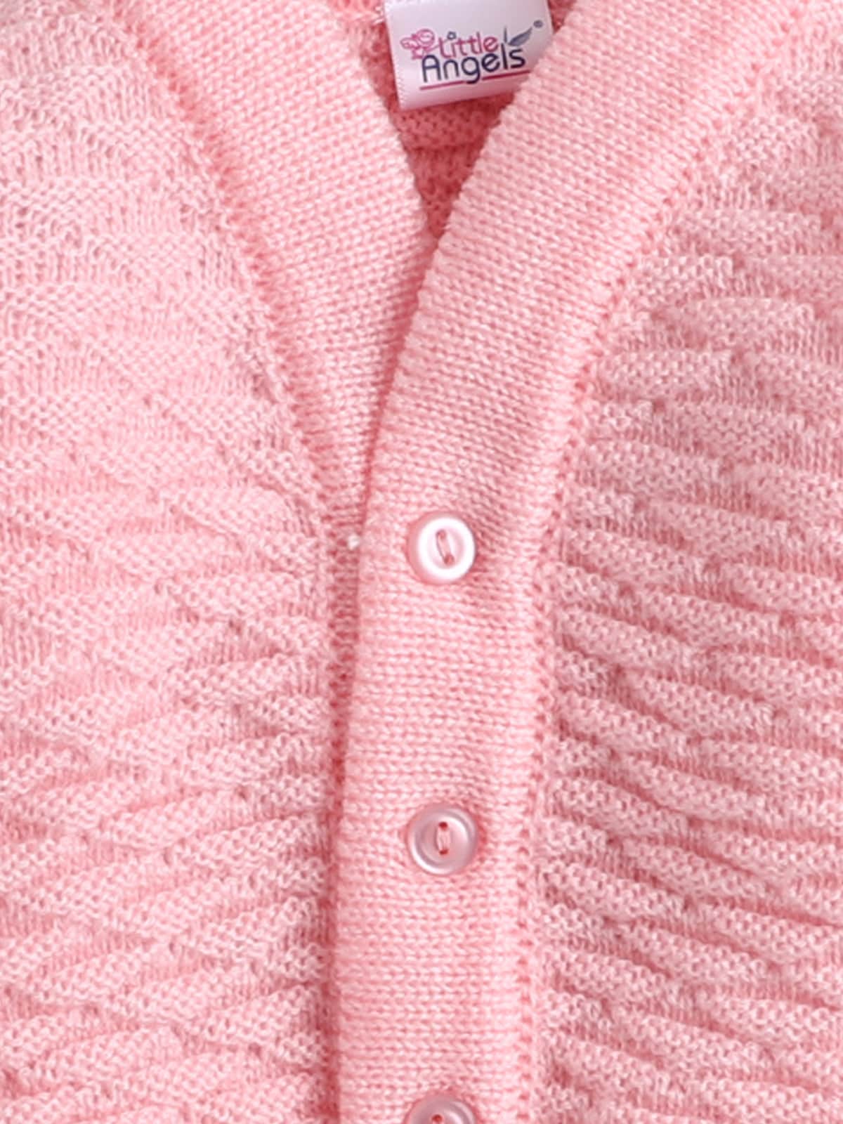 Little Angels Little Angels Sweater Set Baby Wool Full Sleeves V-Neck Solid with Pyramid Design Peach 3-Piece Set Sweater Sets Diamond Buds Baby Knitwear Set